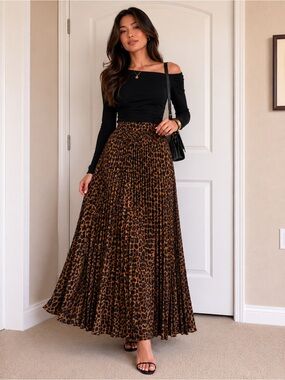 Max Studio Brown Leopard Pleated Maxi Skirt - c